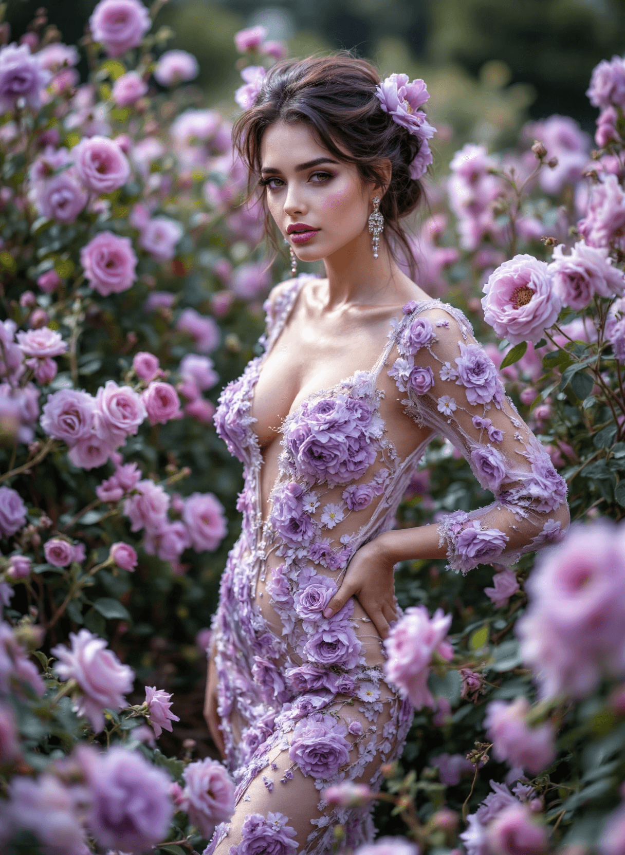 AI generated: The image depicts an elegant mature woman standing amidst a lush backdrop of purple flowers. She is ...