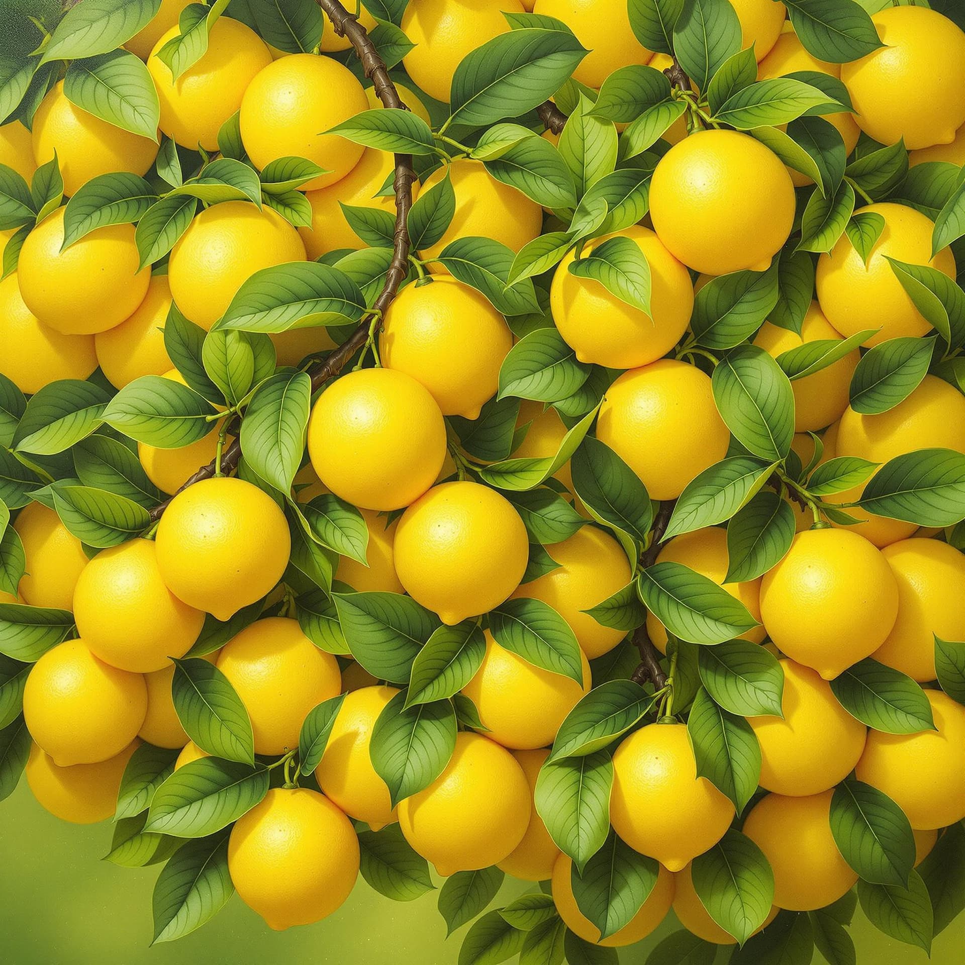 AI generated: This is a highly detailed, realistic painting depicting a close-up view of a lemon tree heavily lade...