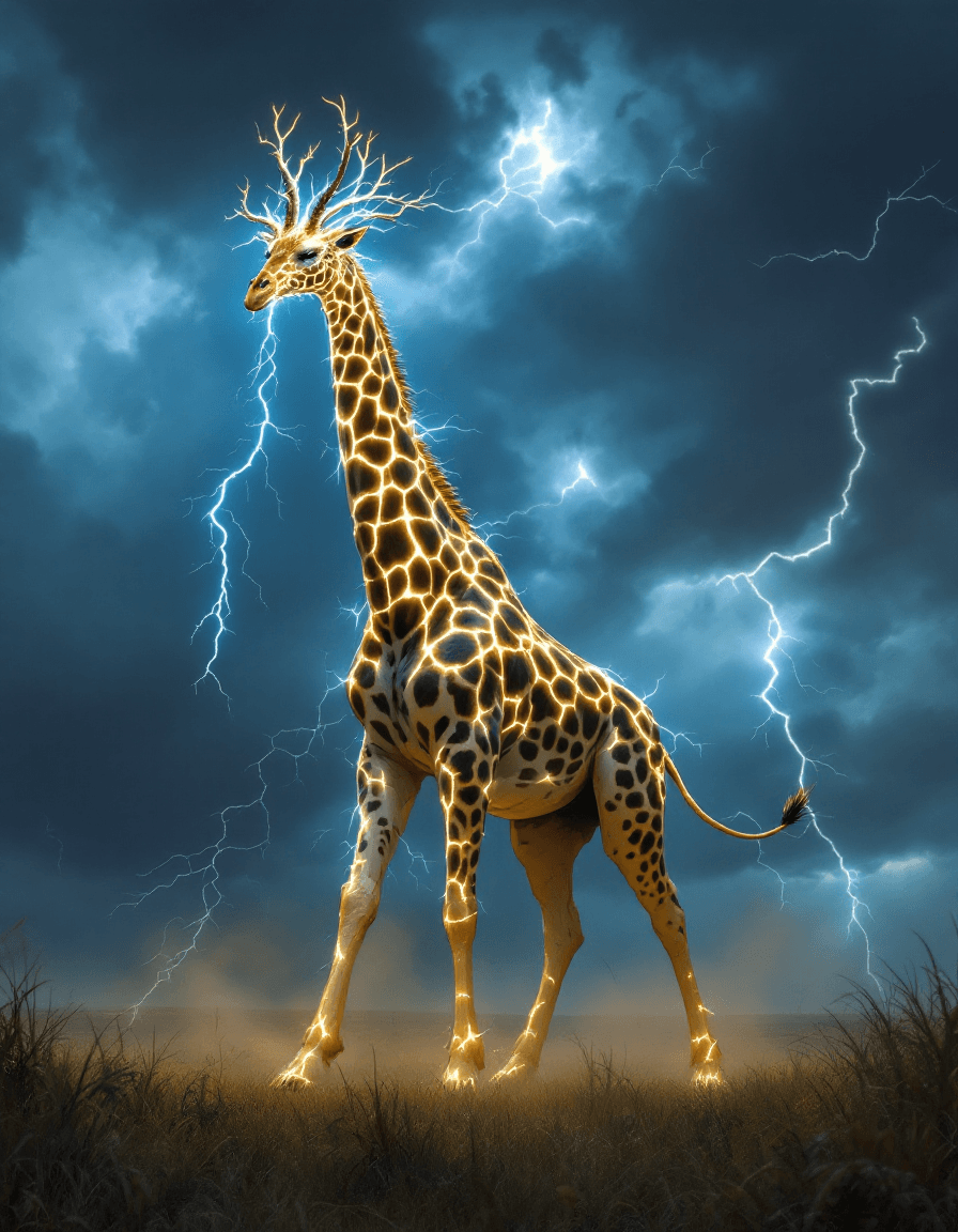 AI generated: In the heart of a vast, open savanna under a brooding sky, the Thundraffe — a colossal giraffe-storm...