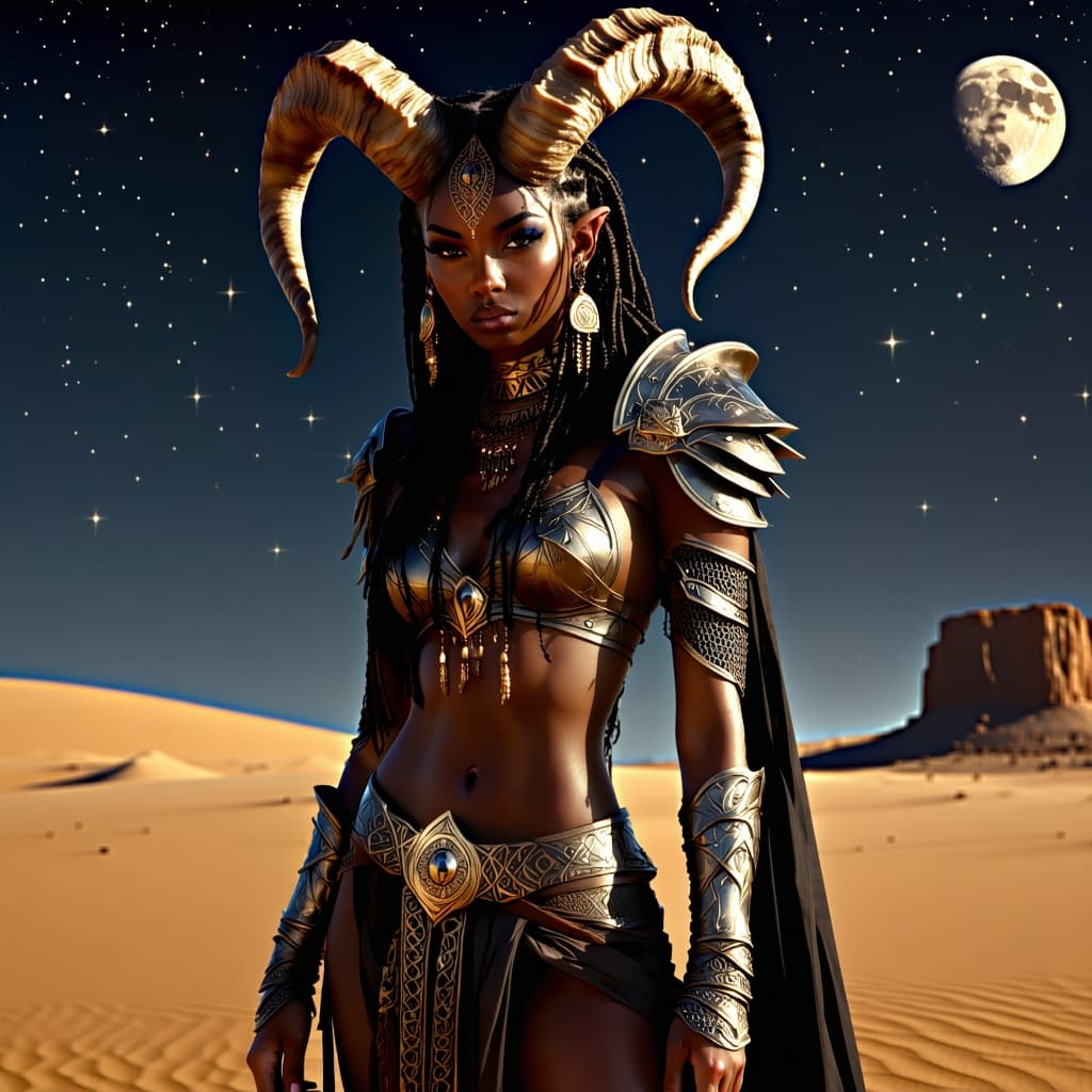 AI generated: A detailed and atmospheric illustration, full body shot of a young beautiful European female horned ...