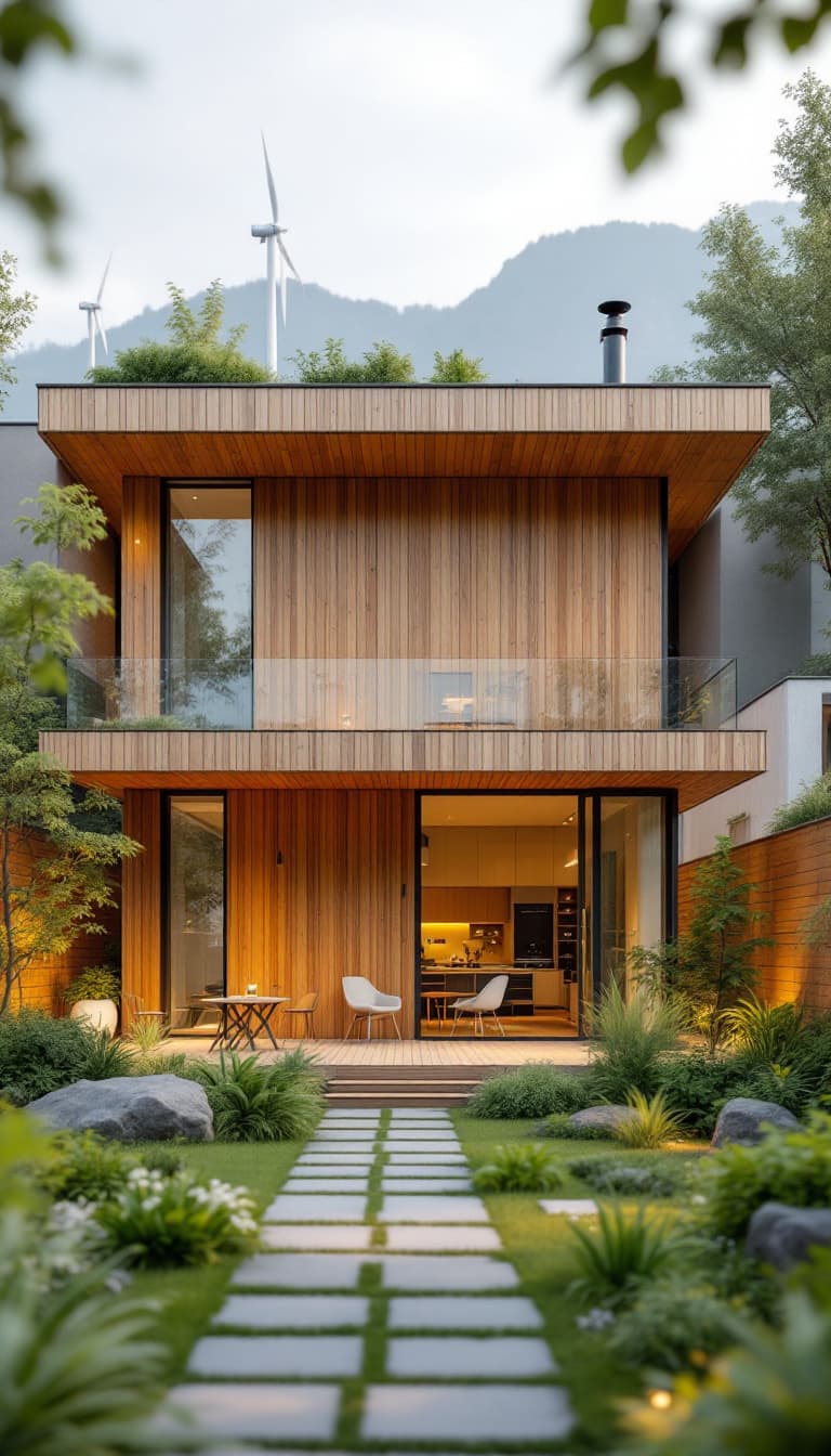 AI generated: Eco-friendly building, reclaimed wood accents, bamboo flooring, low-carbon concrete, green roofs, li...