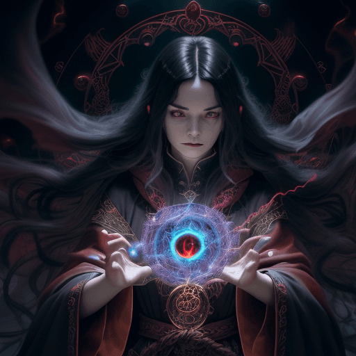 AI generated: A female warlock with long black hair wearing ornate red robes, Casting a Spell, Swirling magical en...