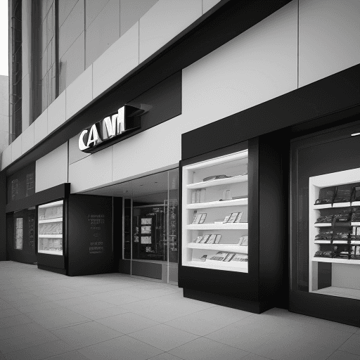 AI generated: photography, dynamic view, modernism mid-scale store facade design, Canon EOS 5D Mark IV, EF 24mm f/...