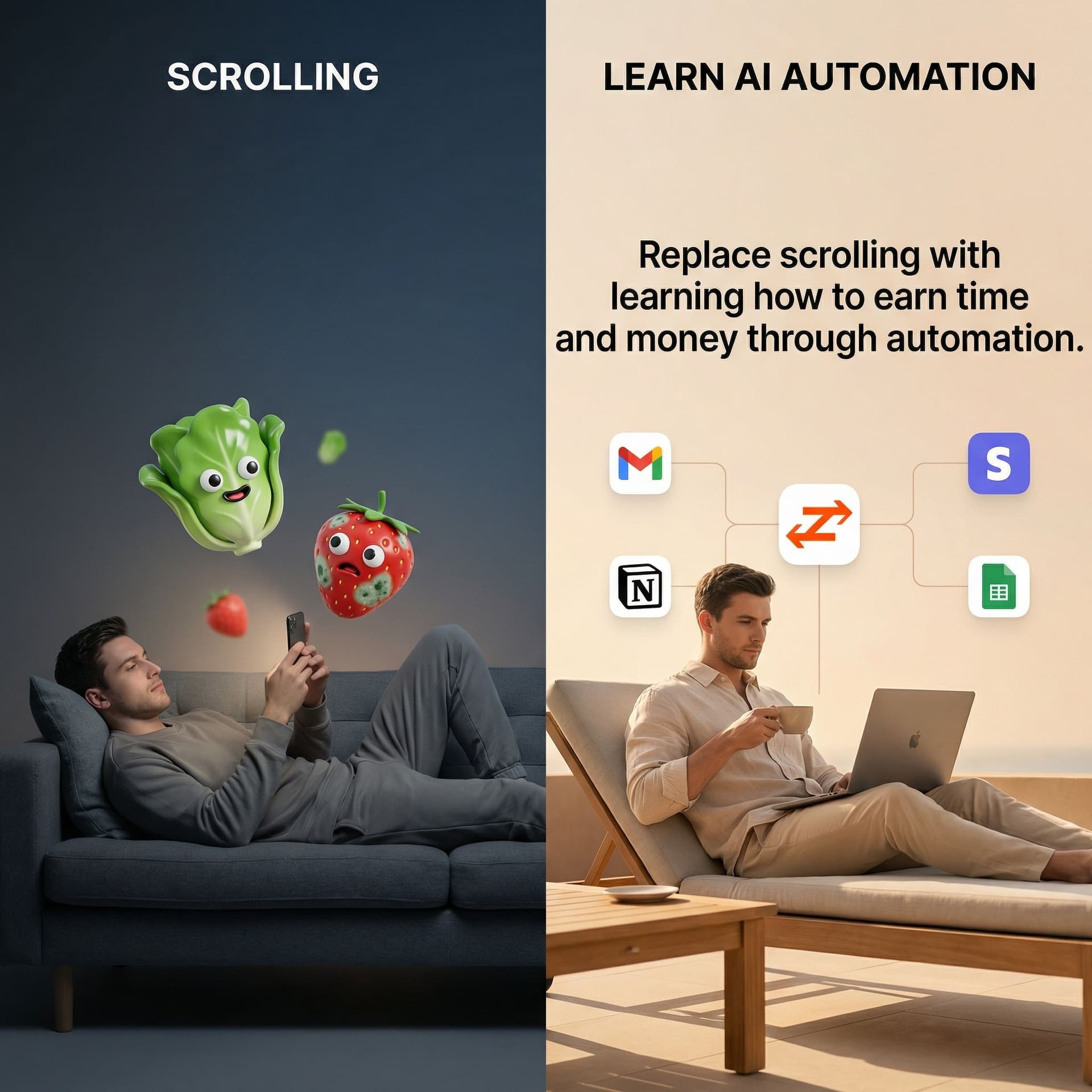 AI generated: Minimal split-screen advertising image with a clean, modern lifestyle aesthetic.
The image is vertic...