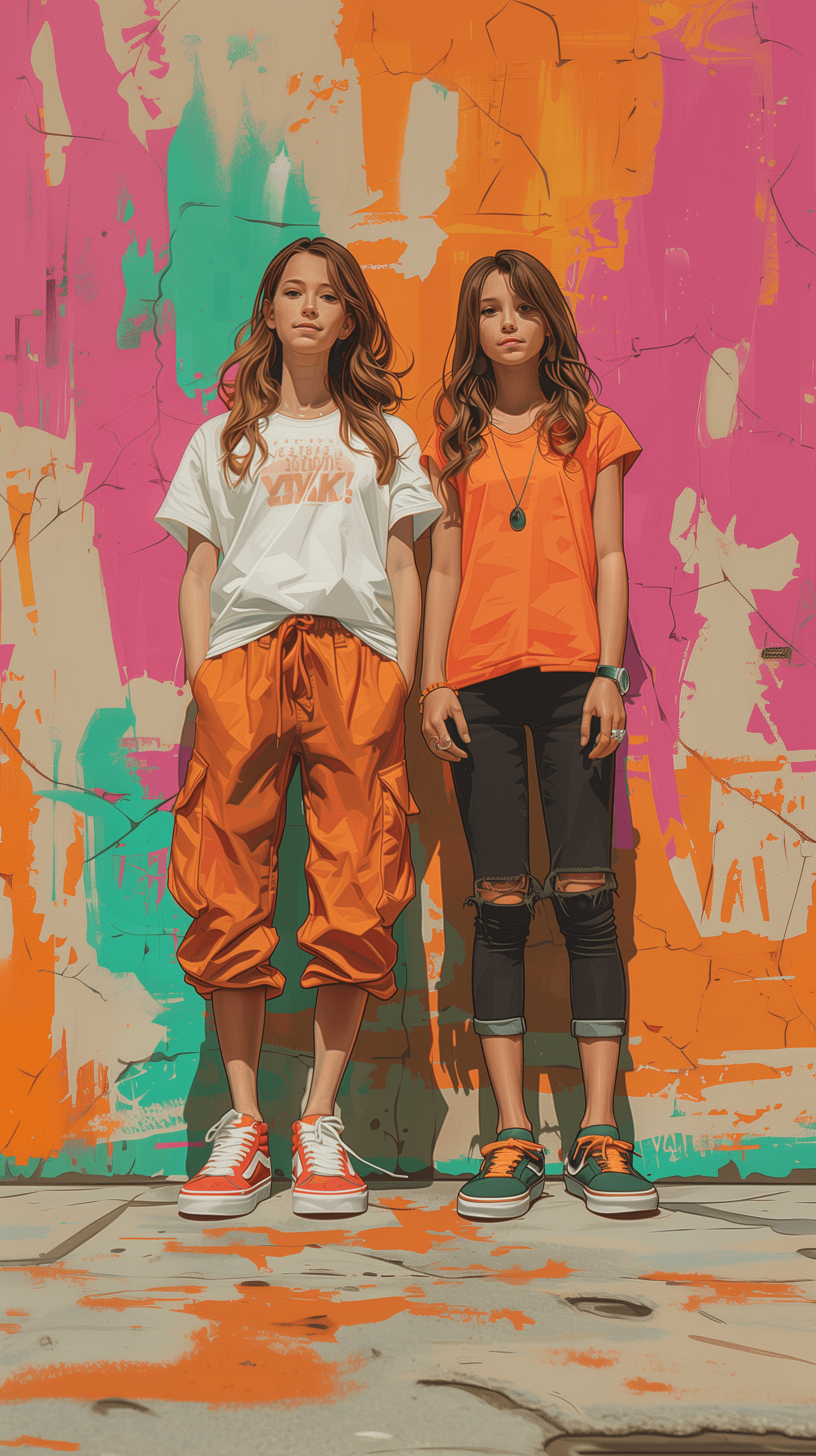 AI generated: creative illustration art, full-body of an daughter and mom, mom wearing a white over-fit T-shirt an...