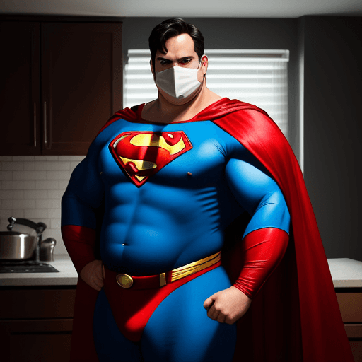 AI generated: The image features a man dressed as Superman, but with a noticeable belly fat. He is standing in a d...