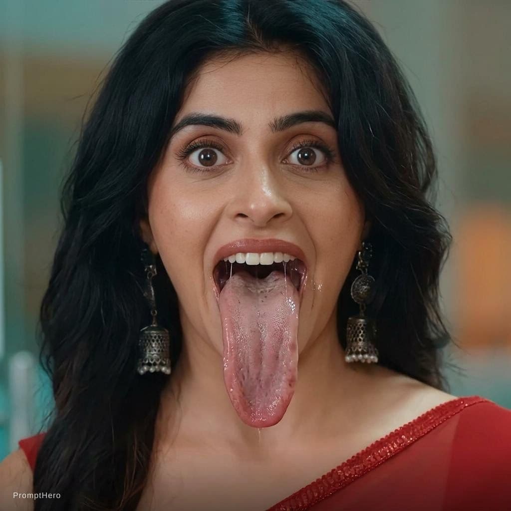 AI generated: Make her tongue out more long wide realistic with visible teeth and saliva on tongue