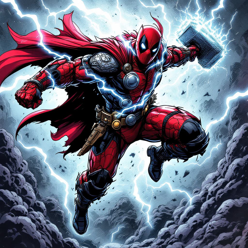 AI generated: Comic book hero fusion of Deadpool and Thor, muscular build, red-and-black armor with Viking engravi...