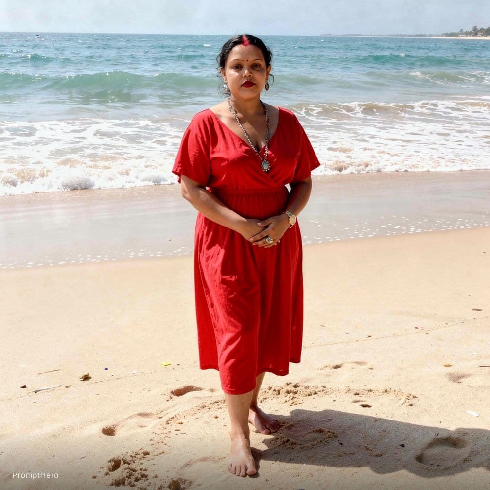 AI generated: create this model to be in beach with red bikini remove the high heels 