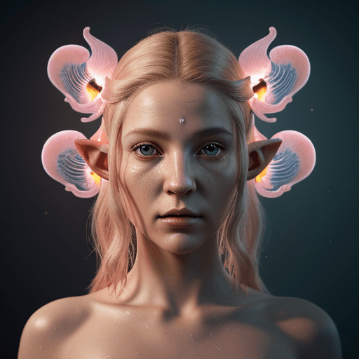 AI generated: Goddess close-up portrait ribcagel. jellyfish phoenix head, nautilus, orchid, skull, betta fish, bio...