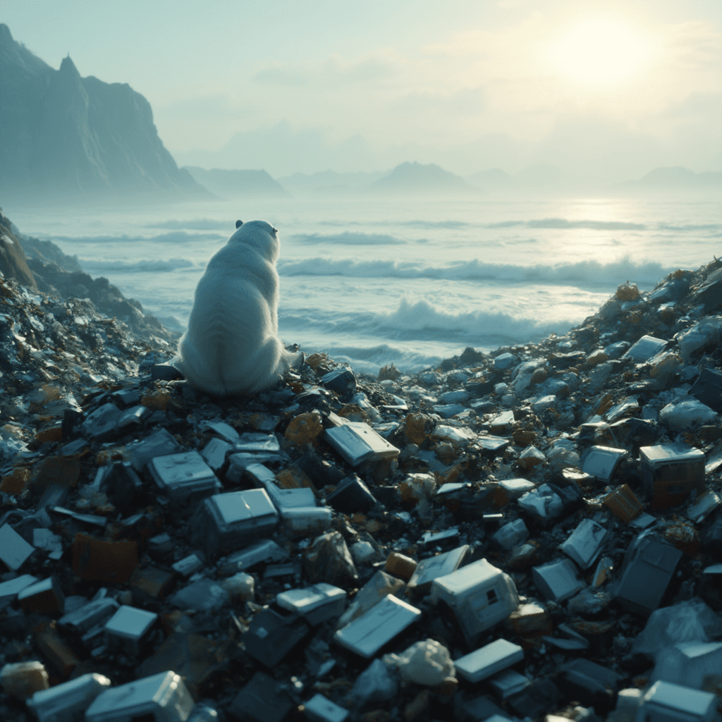 AI generated: cinematic scene,landfill filled with discarded packaging, a lone Polar bear sitting on a pile of ele...