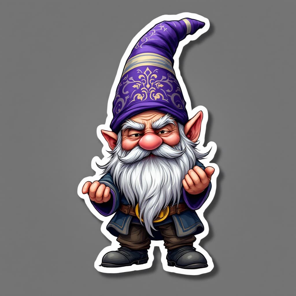 AI generated: A highly detailed full-body cartoon sticker of a whimsical gnome character. The gnome is wearing a v...