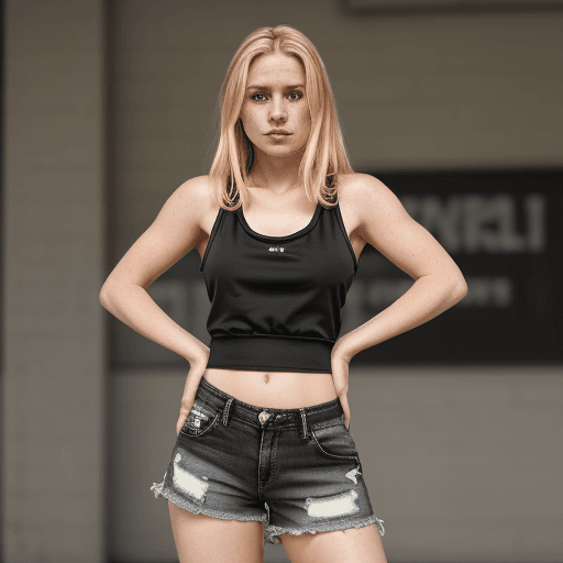 AI generated: blonde hair , black tank top, lifting shirt up, shorts, standing in public, (highly detailed clothes...