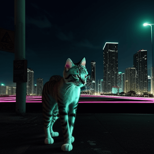 AI generated: un felino mitológico en la ciudad de miami con luces de neón en un ambiente de los años 80
