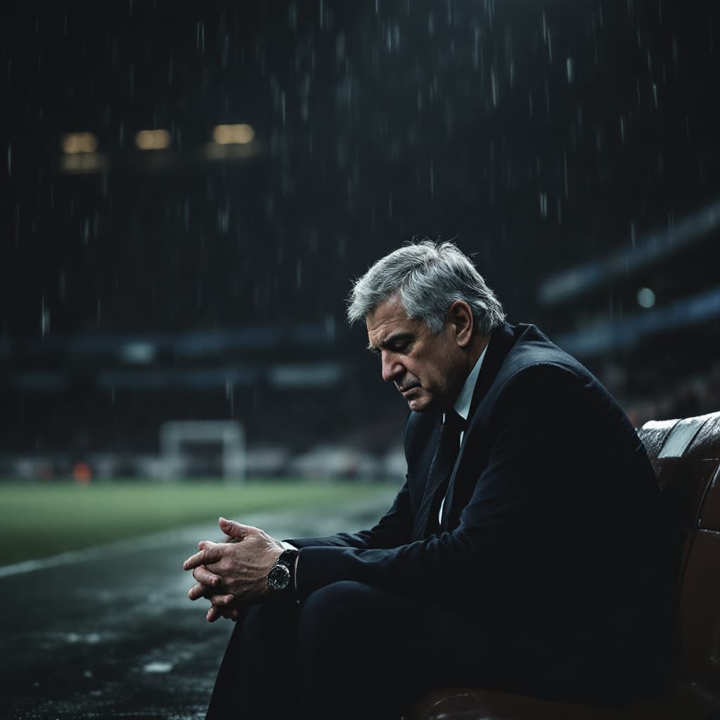 AI generated: "Carlo Ancelotti, middle-aged Italian football manager, sitting alone on a bench in a dimly lit stad...