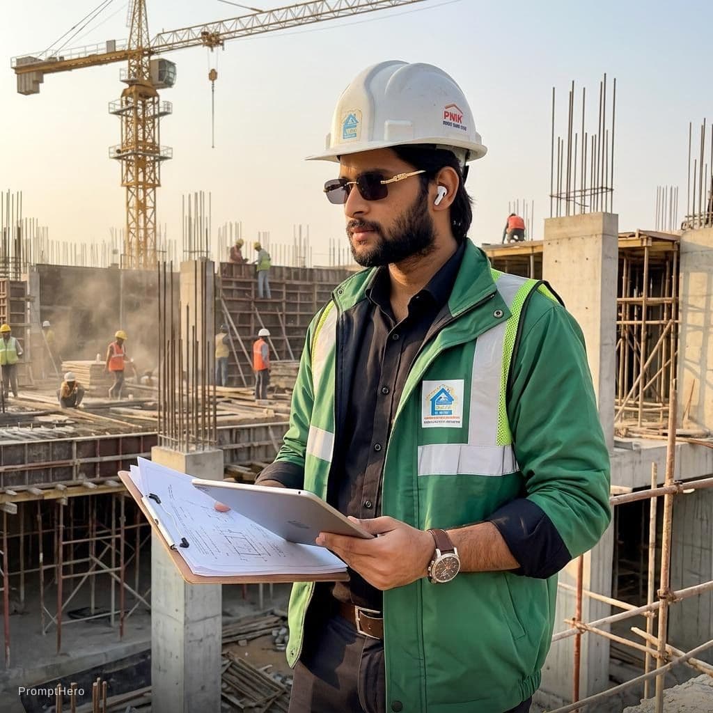 AI generated: A professional site engineer is standing at an active construction site during a routine site visit....
