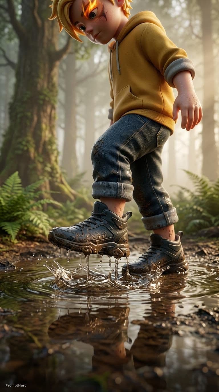AI generated: Cute stylized 3D little boy standing in a shallow muddy puddle in a misty forest, close-up on boots ...