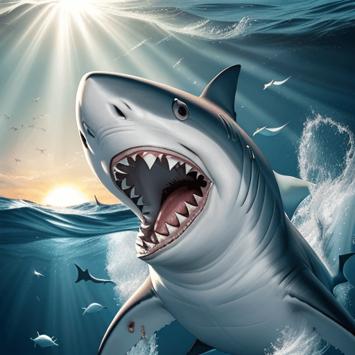 AI generated: A white-tipped shark with an open mouth as if trying to attack something or eat something, underwate...