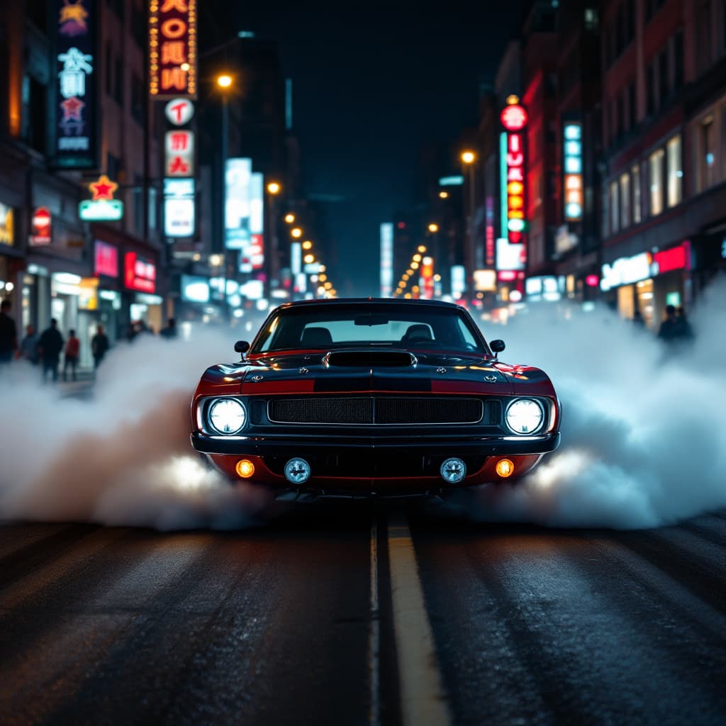 AI generated: Create a dynamic video sequence featuring a classic muscle car performing a burnout in a bustling ci...