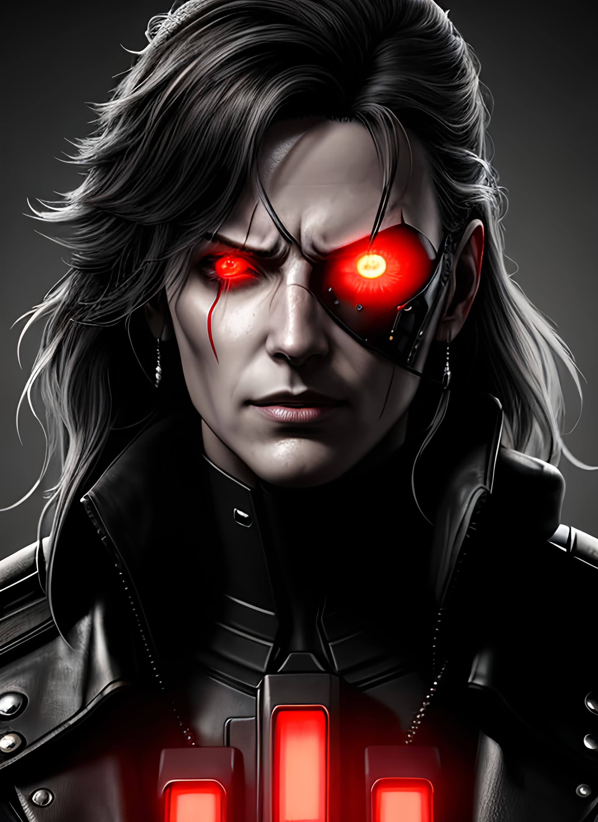 AI generated: A highly detailed close up portrait of a futuristic female cyborg in Metal Gear Solid art style, red...