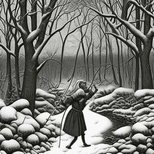 AI generated: girl hunting with bow in the winter wood, escher, comic style, close up

