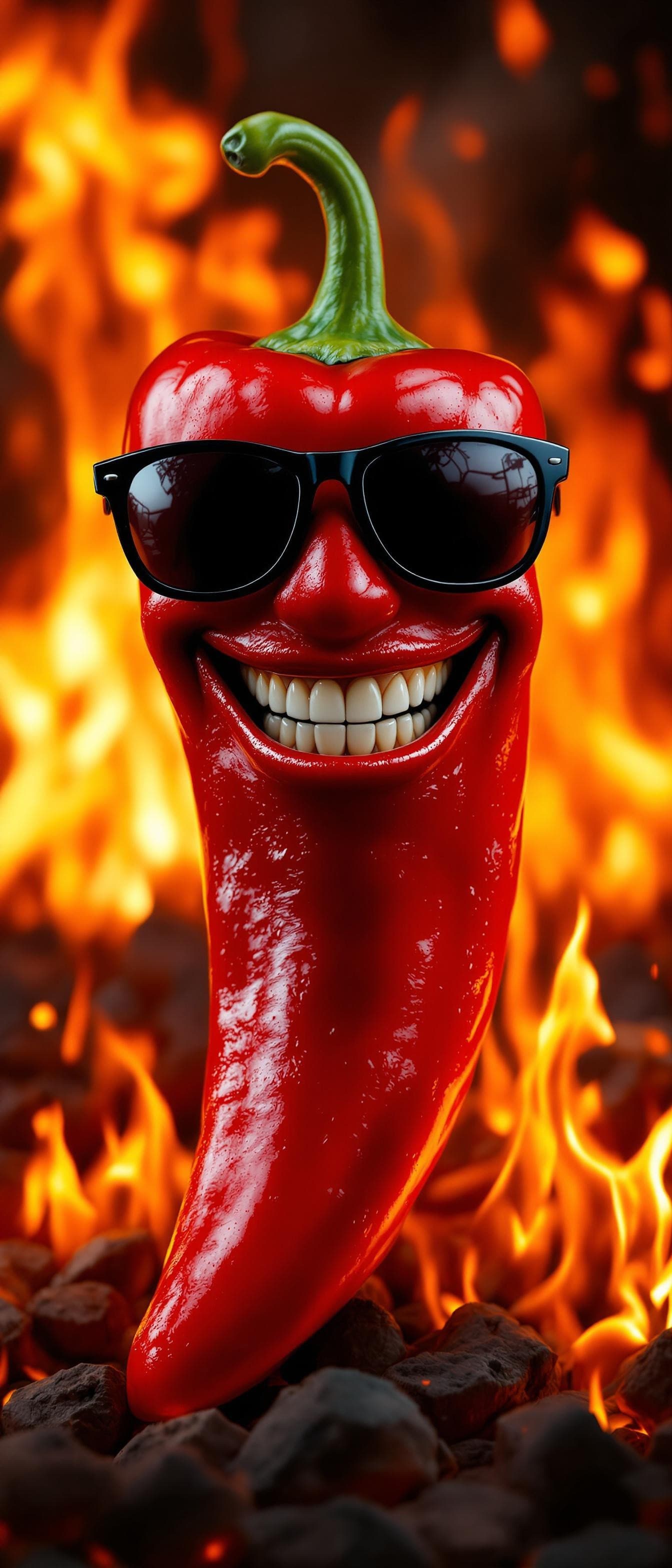 AI generated: Ultra-realistic photo of an anthropomorphic chili pepper with a glossy red surface, smiling with hum...