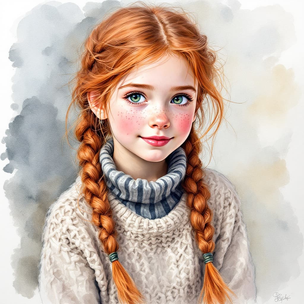 AI generated: water color painting portrait of a young girl with braided red hair, freckles, and piercing green ey...