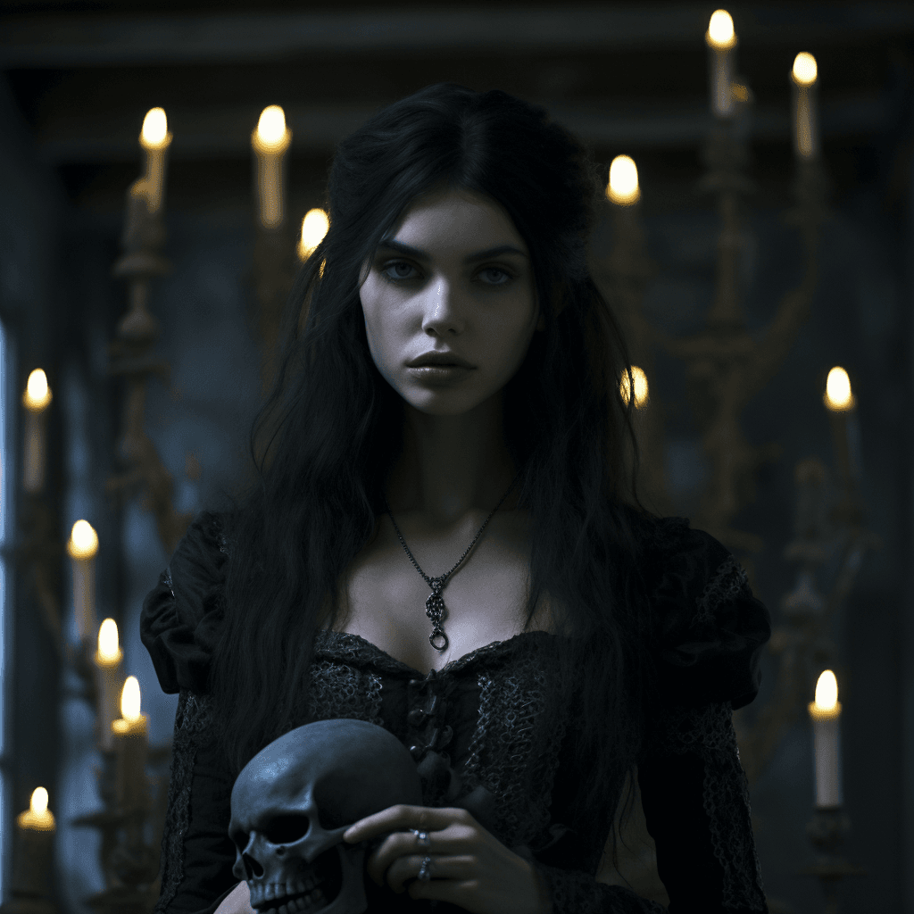 AI generated: a young powerful necromancer woman, pale skin, black hair, black corset, dark fantasy