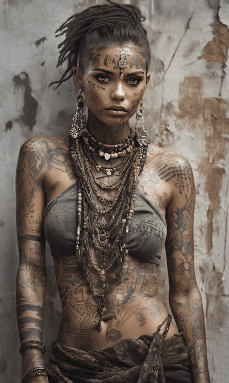 AI generated: A beautiful woman, slender, tribal meets bohemian, tattoos, piercing, bohemian jewelry, modern, text...