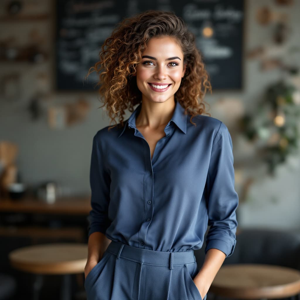 AI generated: a portrait photo of skinny, slim German 25 year old business woman smiling business woman with light...