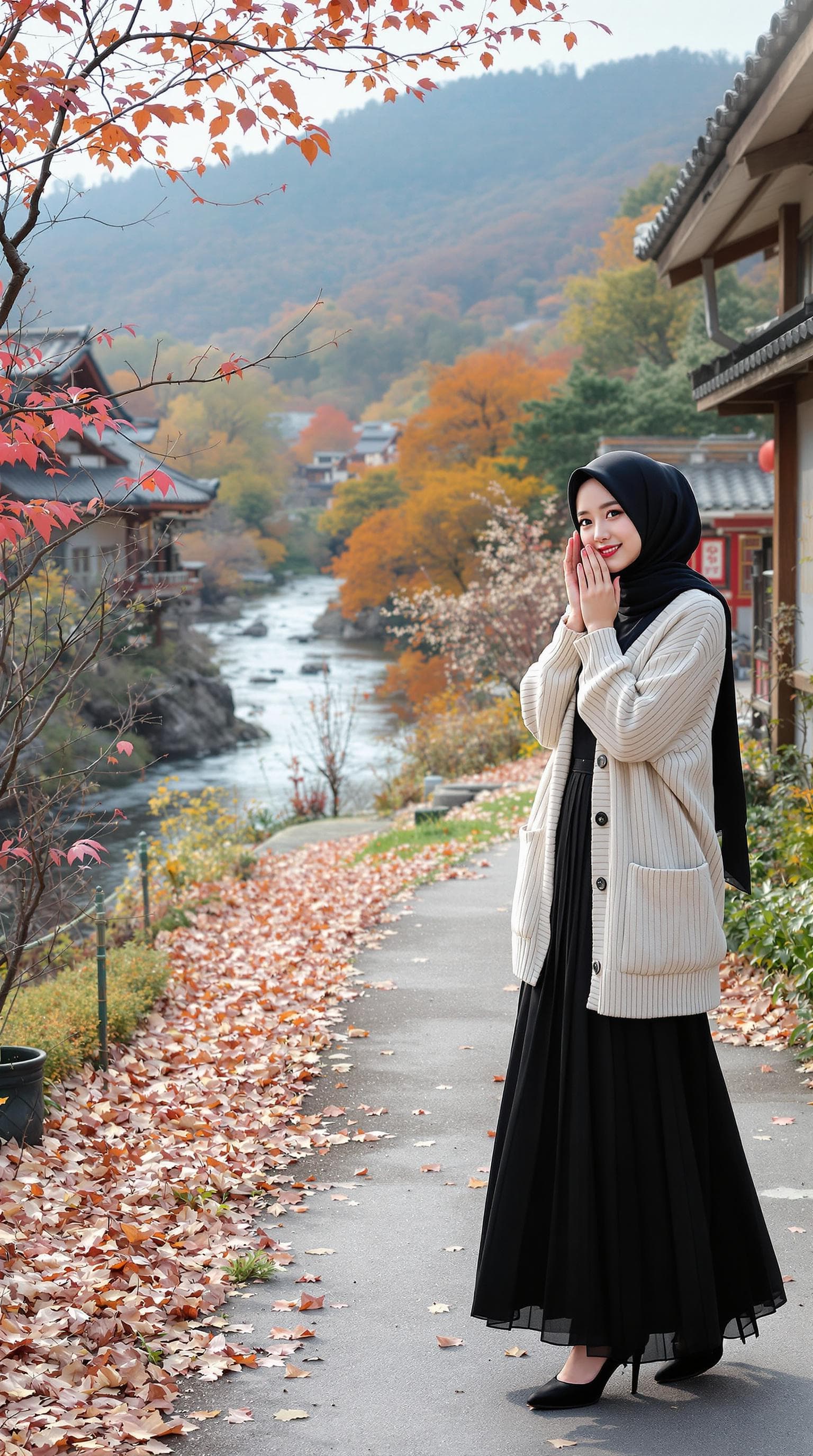 AI generated: realistic, japanese girl, beautiful girl, ulzzang face, shot front middle, hand on cheeks, black hij...