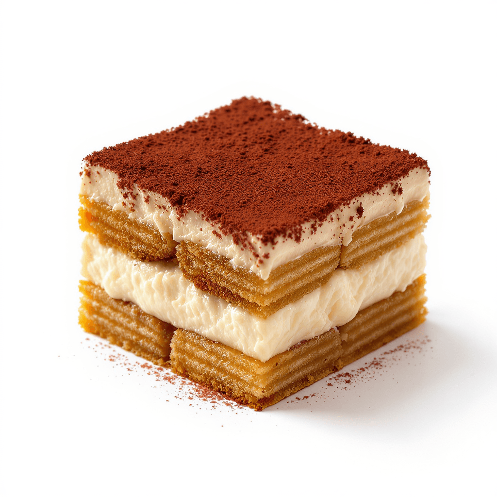 AI generated: A square slice of tiramisu, light beige/cream colored mascarpone filling between layers of ladyfinge...