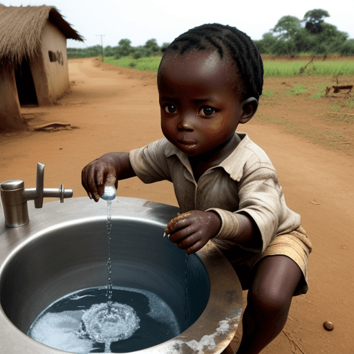 AI generated: rural african country black child playing with tap water