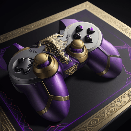AI generated: Gamepad on the table with the design and character of thanos The gamepad is gold and purple dark, no...
