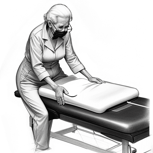 AI generated: older person with a jumpsuit laid on a massage bed sketched with pencil in black and white
