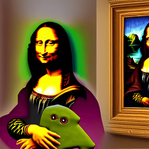 AI generated: The mona lisa in a dinosaur suit