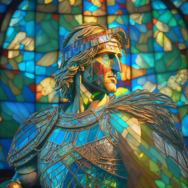 AI generated:  Alexander the Great in Greek warrior dress made from stained glass, digital-art, Cinematic lighting...