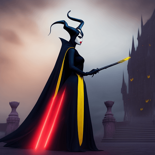 AI generated: spell motion capture of Maleficent disney character, a real beautiful elegance woman with glowing ye...