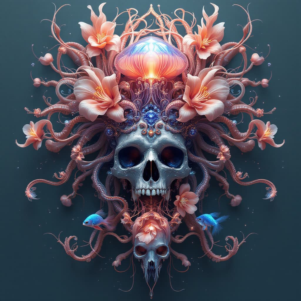 AI generated: The archer, Taylor Swift l. jellyfish phoenix head, nautilus, orchid, skull, betta fish, bioluminisc...