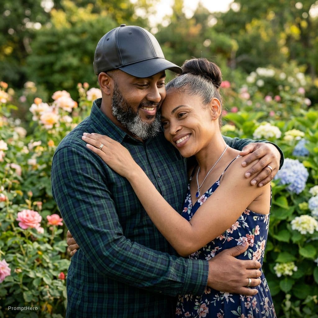 AI generated: loving black American couple 22 yrs in an embrace in the garden 