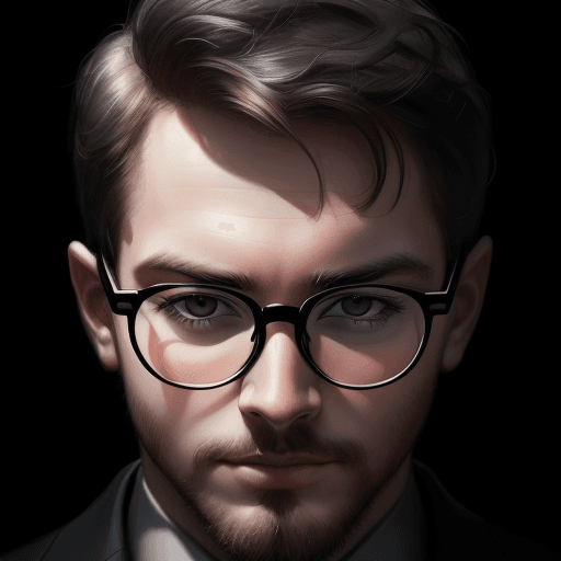 AI generated: digital wallpaper portrait of an anonymous, baby men face with black glasses, gloomy background, maj...