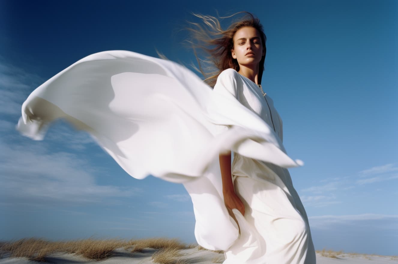 AI generated: slavic 18 years old model standing on top of a sandy beach, a portrait of issey miyake, slavic featu...