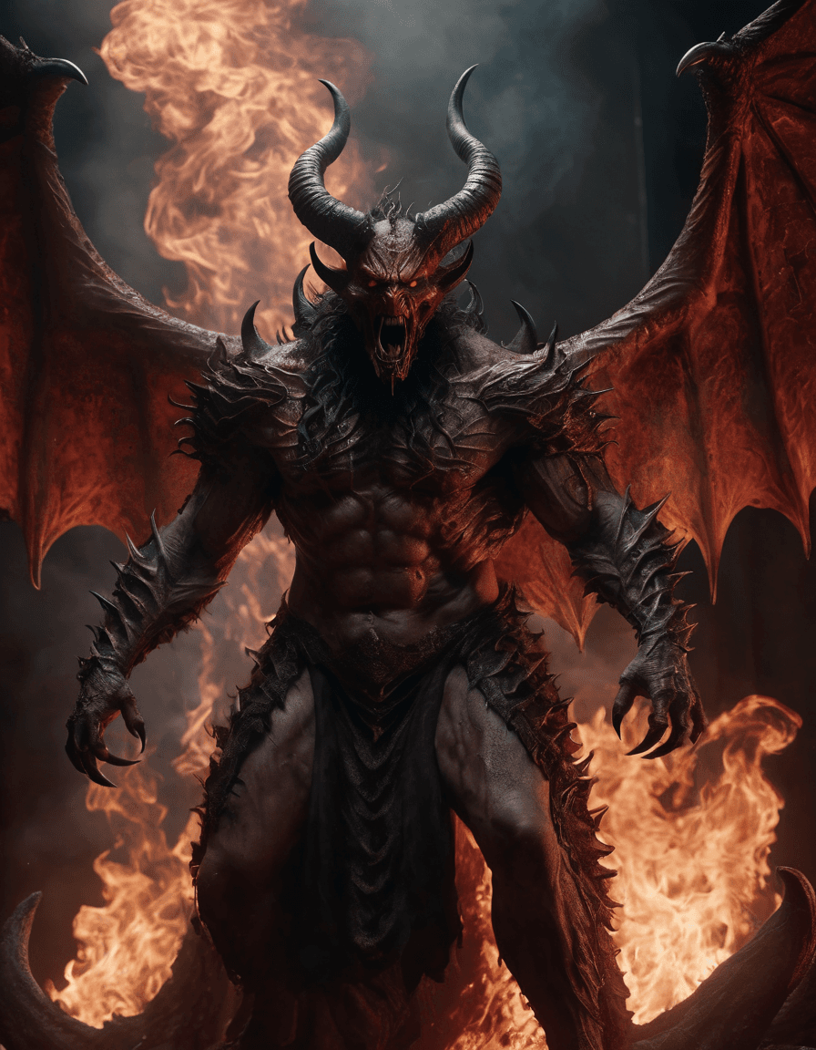AI generated: Horror-themed cinematic film still,a horrifying red-skinned male demon king, (full body portrait:1.3...