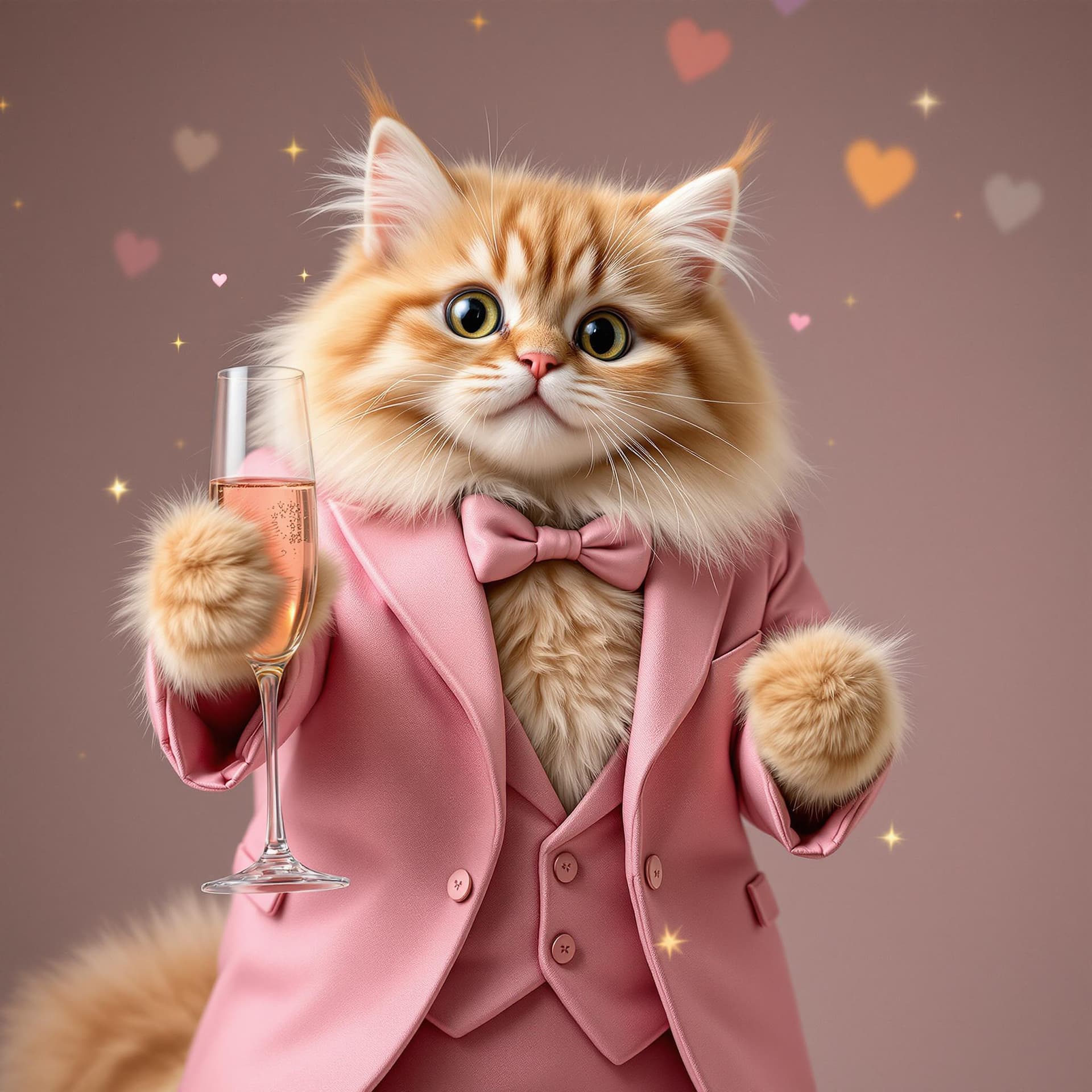 AI generated:  fluffy cute cat in a pink suit celebrating birthday with champagne
