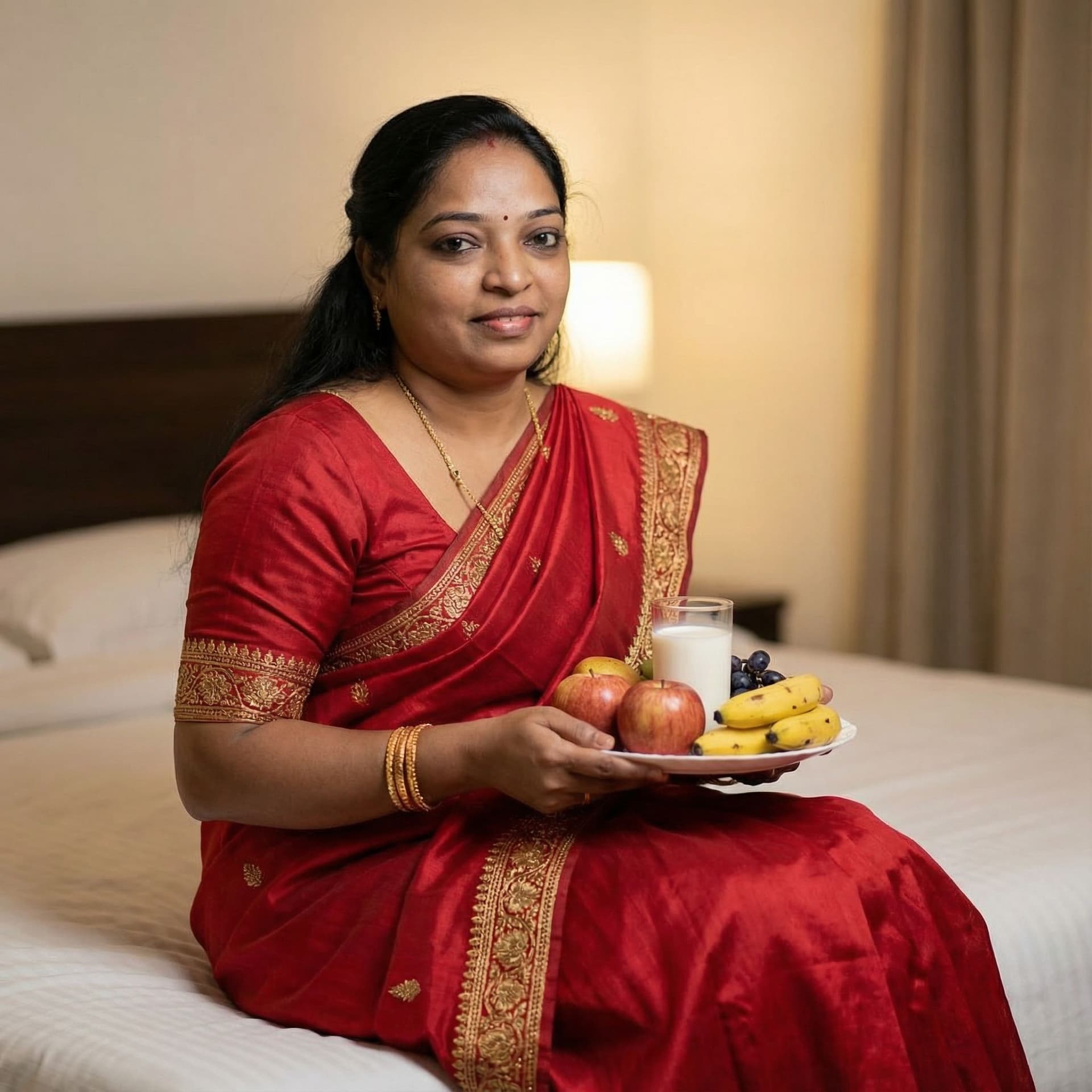 AI generated: Transform attached Image to sexy Indian aunty with a revealing low cut blouse wearing red saree , de...
