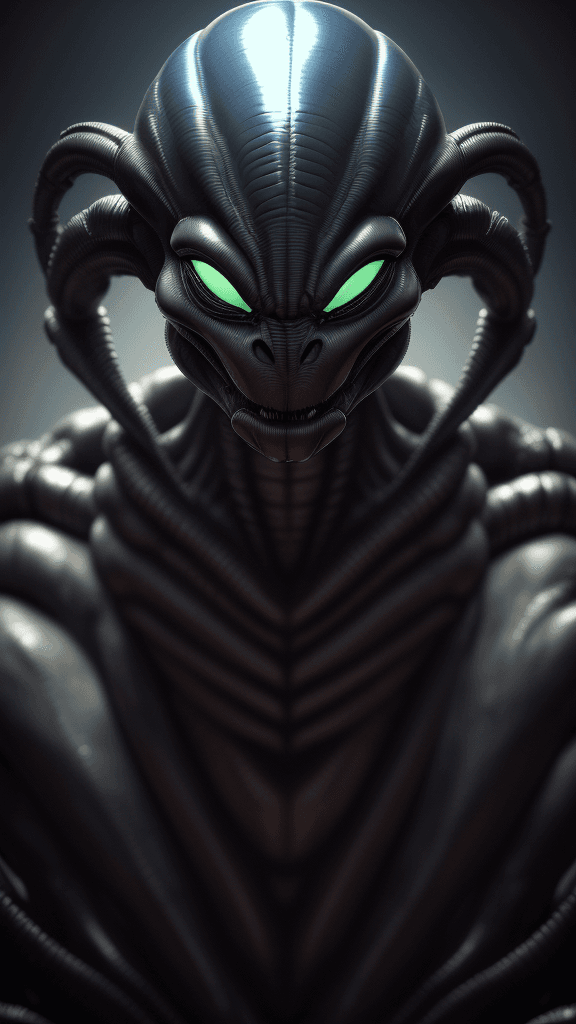 AI generated: a close up of a statue of a alien with a large head, alien helmet, the alien from the movie 'alien',...