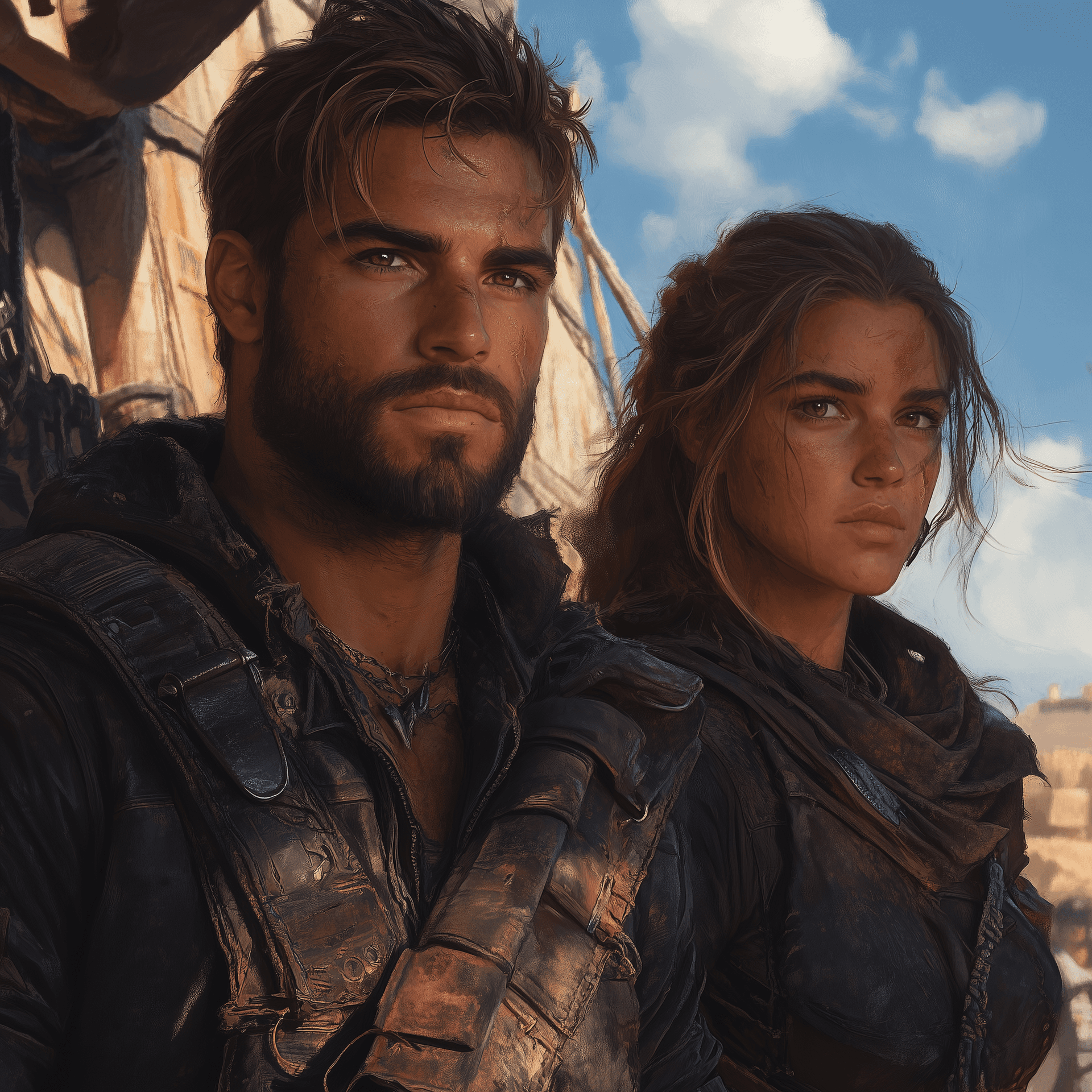 AI generated: A post-apocalyptic cyberpunk desert couple standing in front of their airship, wearing beautiful and...