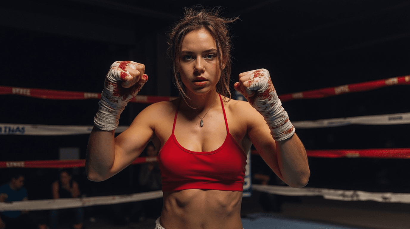 AI generated: 50 mm raw,  half-body shot, a girl cosplaying the Monkey Man,  front view, battle stance in a ring 