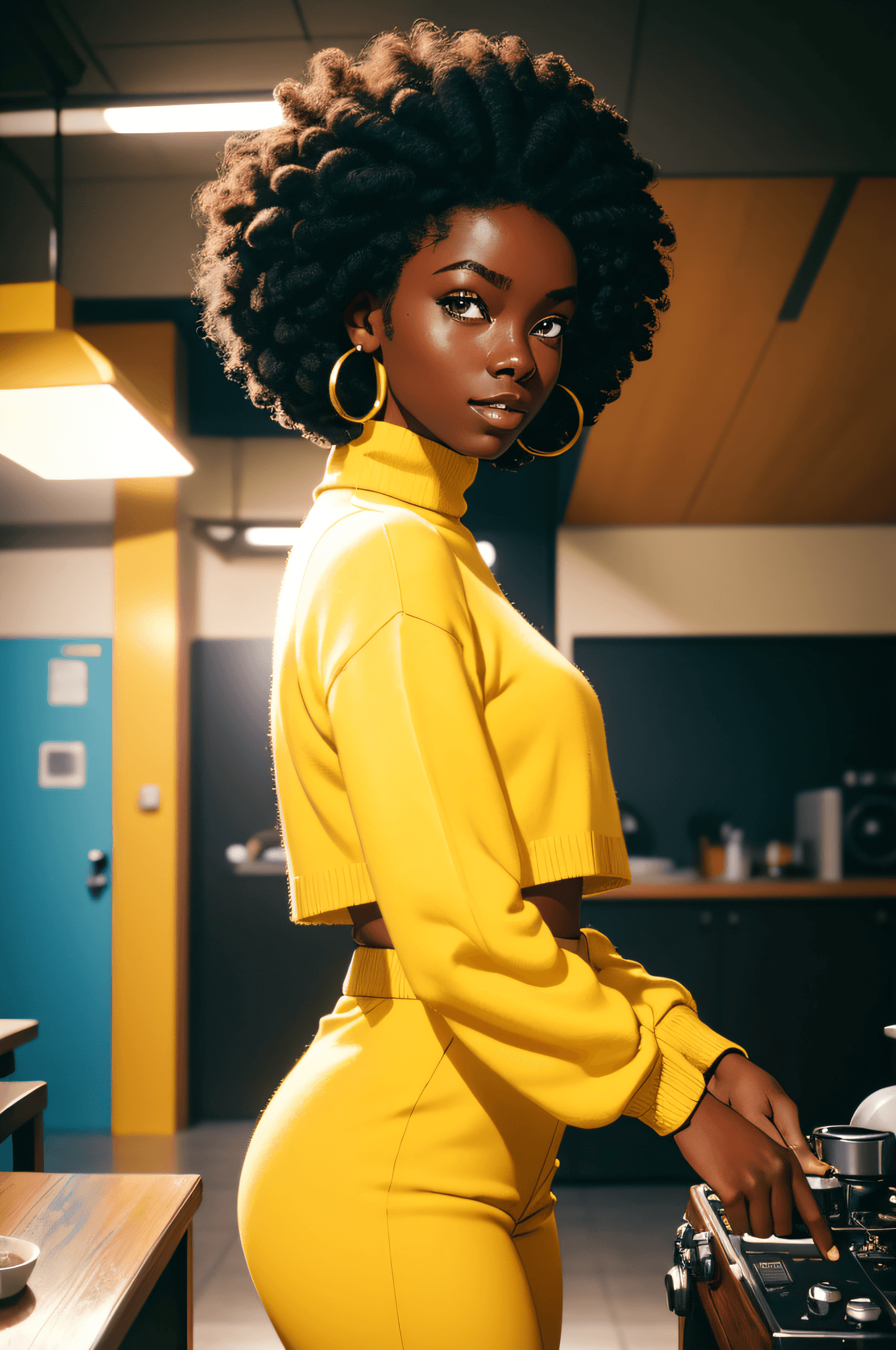 AI generated: 1 young female , happy, dark skin tone, afro hair, yellow turtle neck sweater, yellow and cyan tone,...