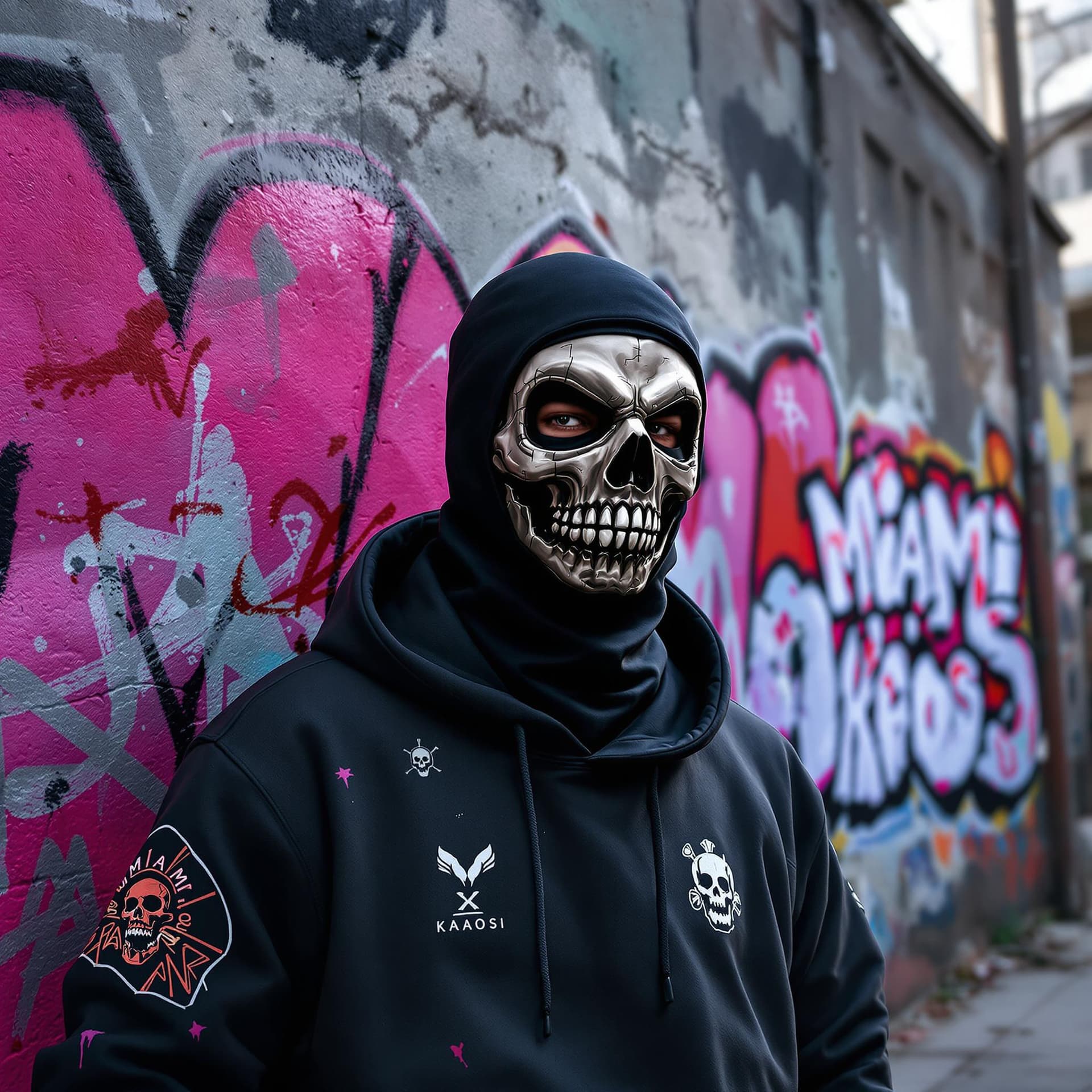 AI generated: 3d illustration anime styled graffiti anime character wearing a dark ski mask with a skull on it in ...